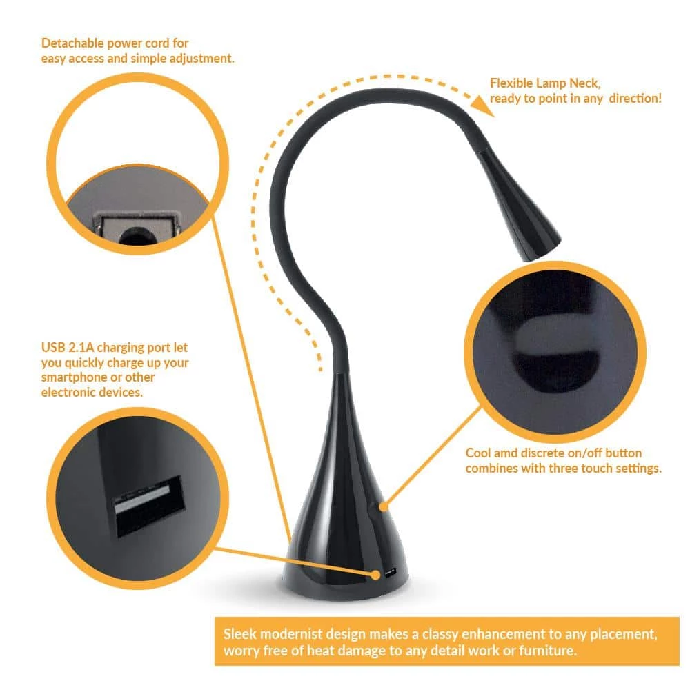 26 in. Gooseneck Black LED Desk Lamp with USB Charging Port, Dimmable by Newhouse Lighting 4 26 in. Gooseneck Black LED Desk Lamp with USB Charging Port, Dimmable by Newhouse Lighting - Image 2