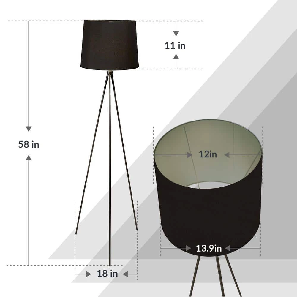 58 in. Alexandria Contemporary Tripod Floor Lamp With Black Lamp Shade and E26 Light Socket - Free LED Bulb Included by Newhouse Lighting 4 58 in. Alexandria Contemporary Tripod Floor Lamp With Black Lamp Shade and E26 Light Socket - Free LED Bulb Included by Newhouse Lighting - Image 2