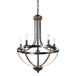 5-Lights Distressed Black and Brushed Wood Candle Style Chandelier by matrix decor