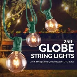 Outdoor 25 ft. Plug-In Globe Bulb Weatherproof Party String Lights with 30 G40 Bulbs Included (5 Free Bulbs), Green Cord by Newhouse Lighting 15 Outdoor 25 ft. Plug-In Globe Bulb Weatherproof Party String Lights with 30 G40 Bulbs Included (5 Free Bulbs), Green Cord by Newhouse Lighting -Heath Zenith Shop green newhouse lighting string lights pstringinc g c3 1000