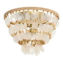 15 in. Round Capiz and Wood Bead Flush Mount Ceiling Light by 3R Studios