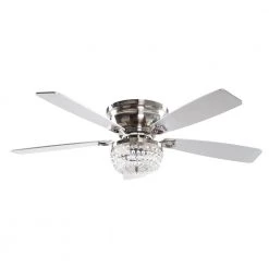 48 in. Satin Nickel Flush Mount Crystal Ceiling Fan with-Light and Remote Control by matrix decor