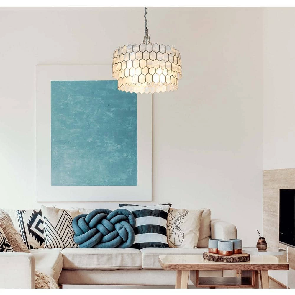 20 in. 2-Tier 1 Ceiling Light Matte Silver Capiz Honeycomb Round Finished Metal Chandelier Style by 3R Studios 9 20 in. 2-Tier 1 Ceiling Light Matte Silver Capiz Honeycomb Round Finished Metal Chandelier Style by 3R Studios - Image 7