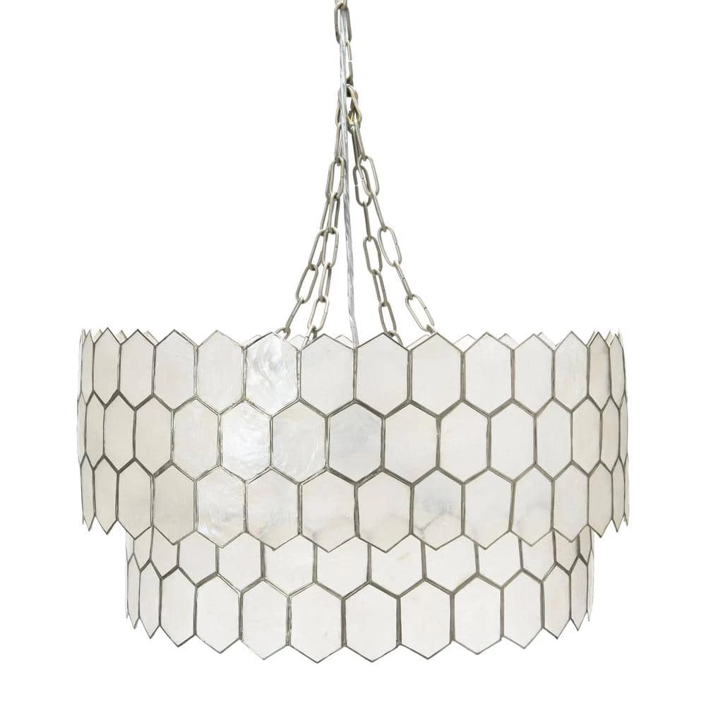 20 in. 2-Tier 1 Ceiling Light Matte Silver Capiz Honeycomb Round Finished Metal Chandelier Style by 3R Studios 5 20 in. 2-Tier 1 Ceiling Light Matte Silver Capiz Honeycomb Round Finished Metal Chandelier Style by 3R Studios - Image 3
