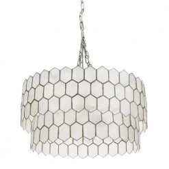 20 in. 2-Tier 1 Ceiling Light Matte Silver Capiz Honeycomb Round Finished Metal Chandelier Style by 3R Studios