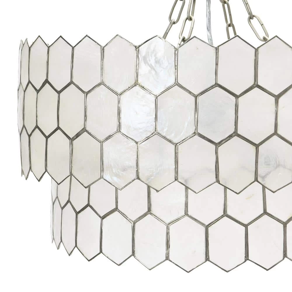 20 in. 2-Tier 1 Ceiling Light Matte Silver Capiz Honeycomb Round Finished Metal Chandelier Style by 3R Studios 4 20 in. 2-Tier 1 Ceiling Light Matte Silver Capiz Honeycomb Round Finished Metal Chandelier Style by 3R Studios - Image 2